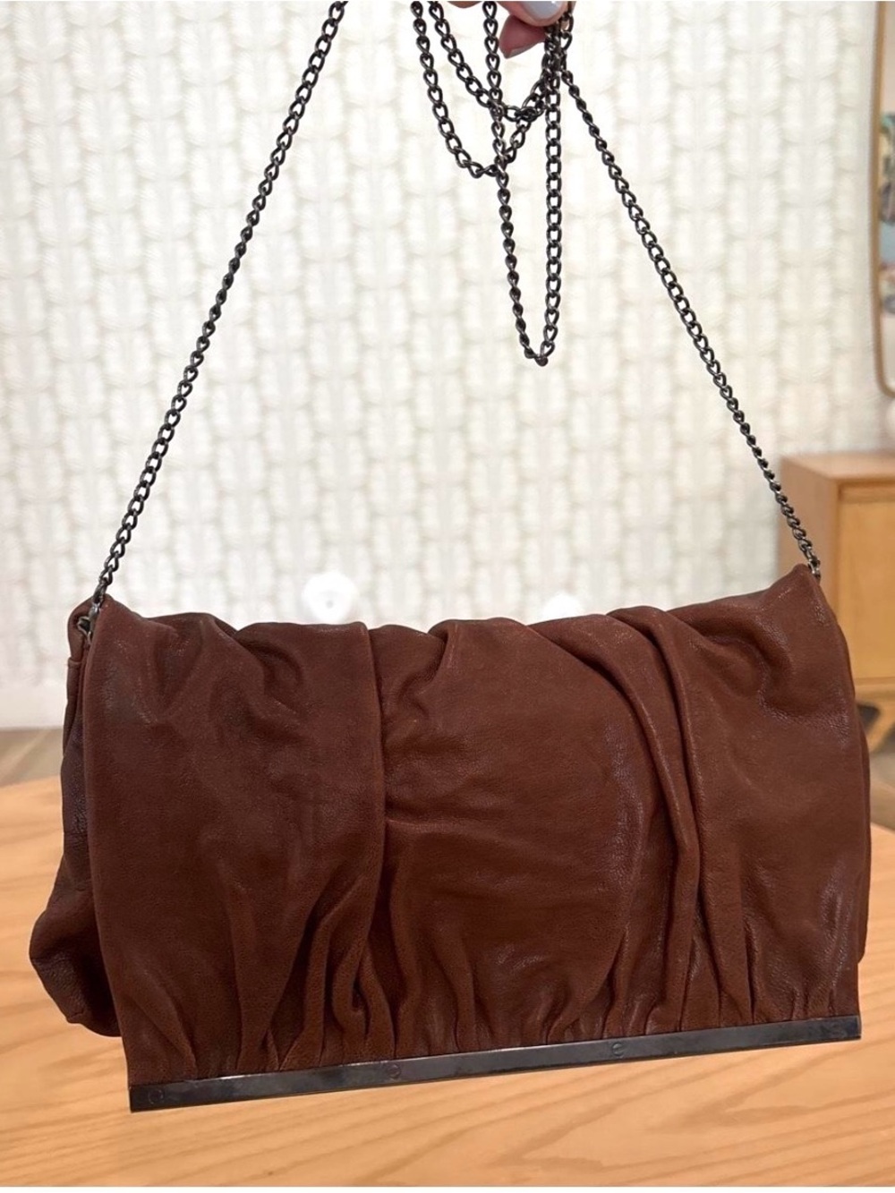 Malababa Brown Ruched Leather Frame Clutch Chain Crossbody Bag
